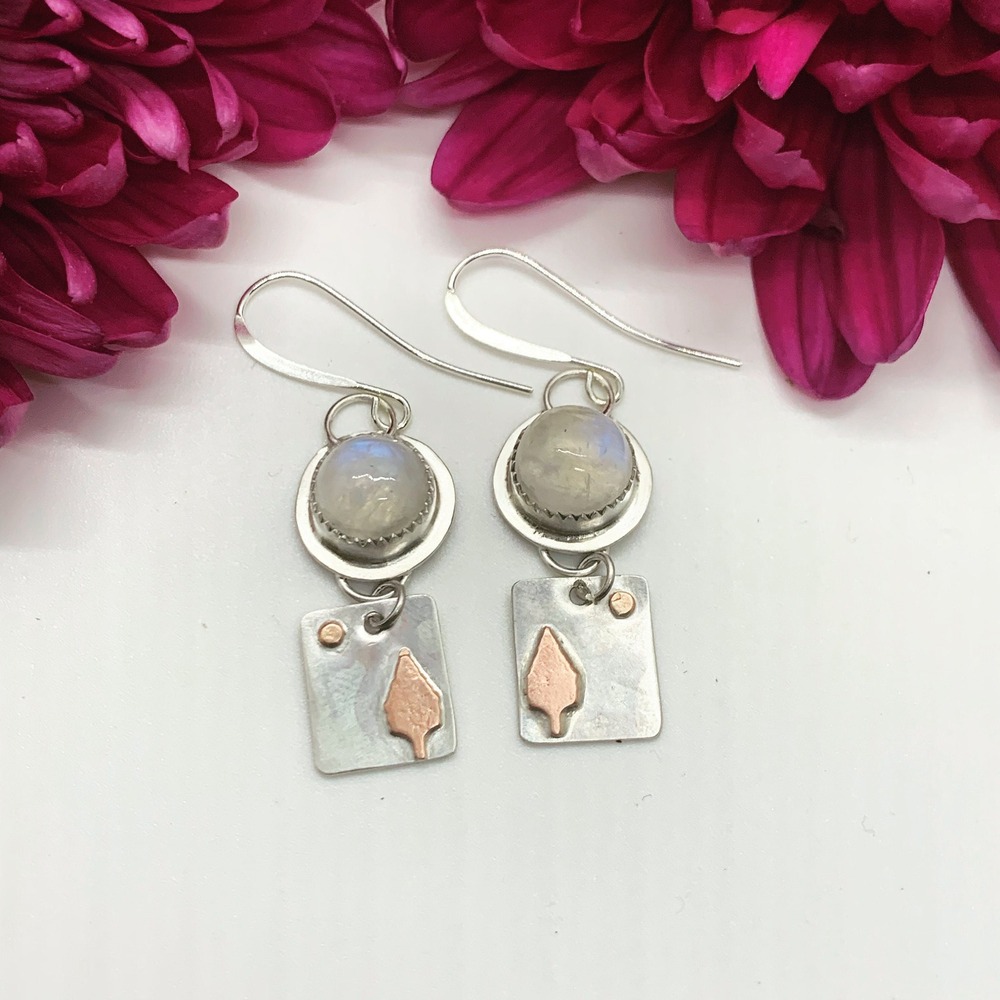 Handmade Moonstone Tree Earrings | Sterling Silver, Copper Dangles